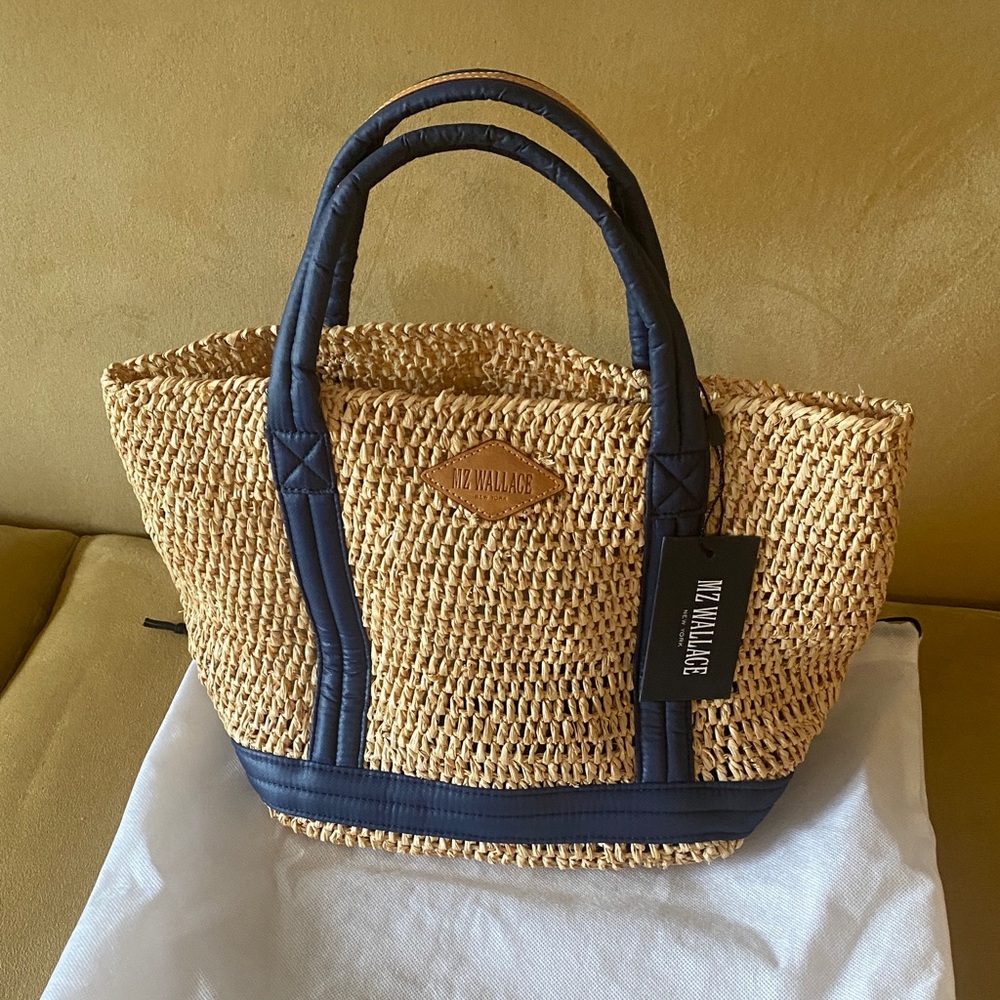 MZ Wallace Rafia Tan and Navy Tote Bag